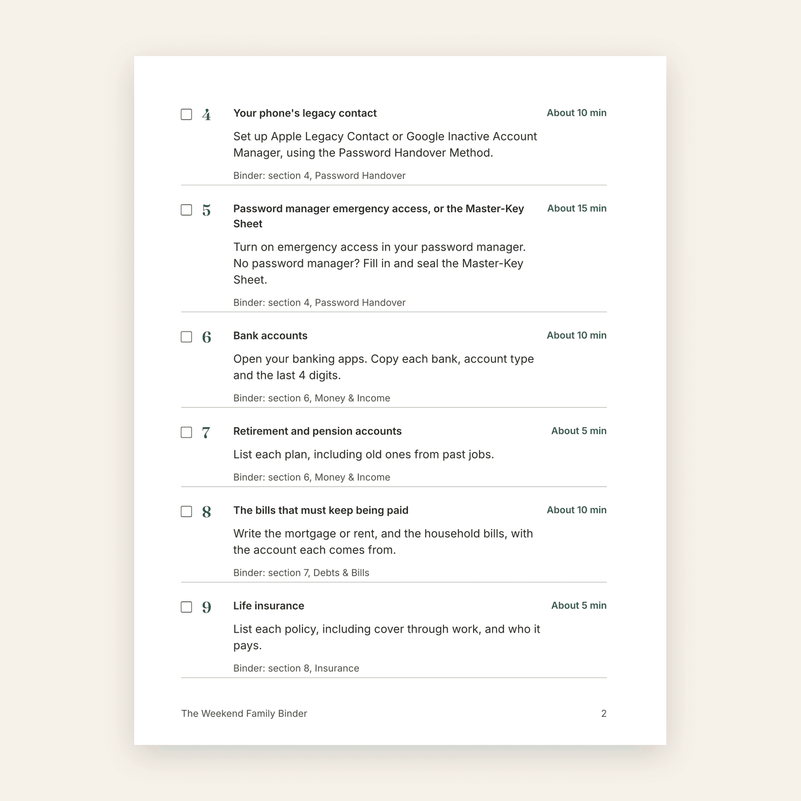 A page of the 90-Minute Quick Start: each step with a time and a checkbox
