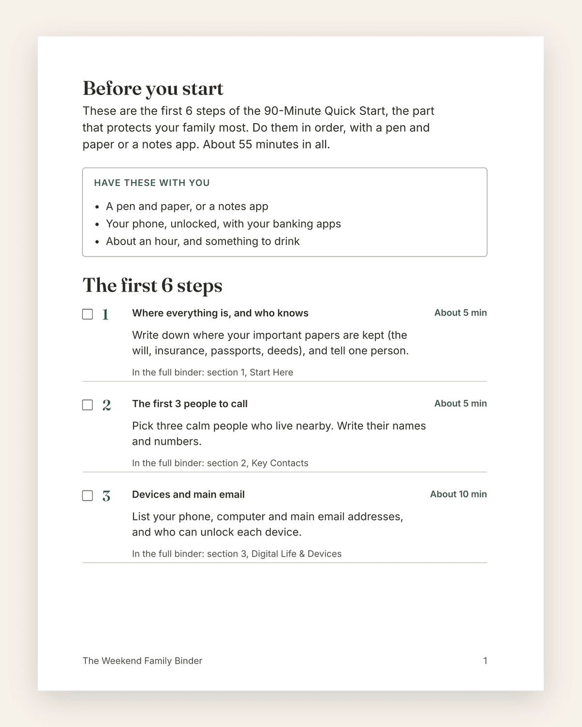 The first page of the free sample: the first 6 steps of the Quick Start